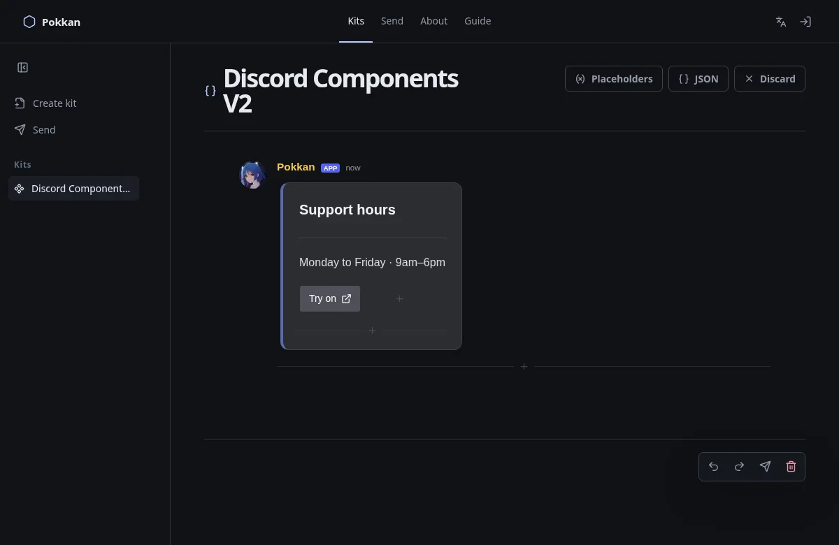 Components V2 editor showing a container, text and a link button