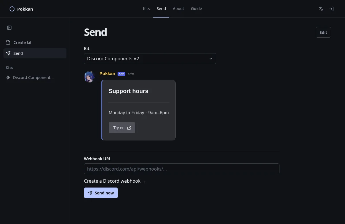 Pokkan Send page with a message preview and an empty webhook URL field